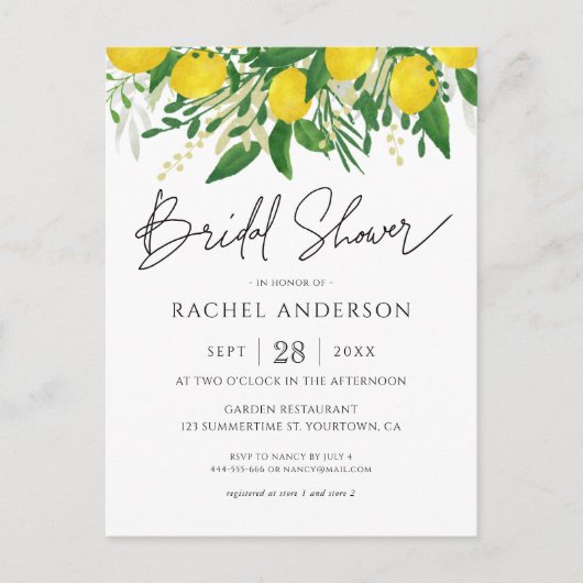 Fresh Lemon Bridal Shower Invitation Briefkaart (Voorkant)