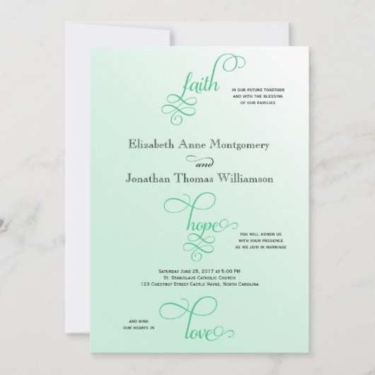Fresh Mint Script Faith Hope & Love Wedding Kaart (Voorkant)