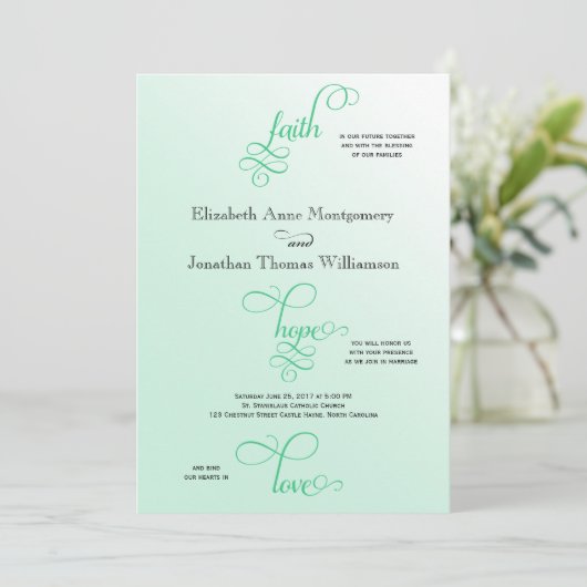 Fresh Mint Script Faith Hope & Love Wedding Kaart (Staand voorkant)