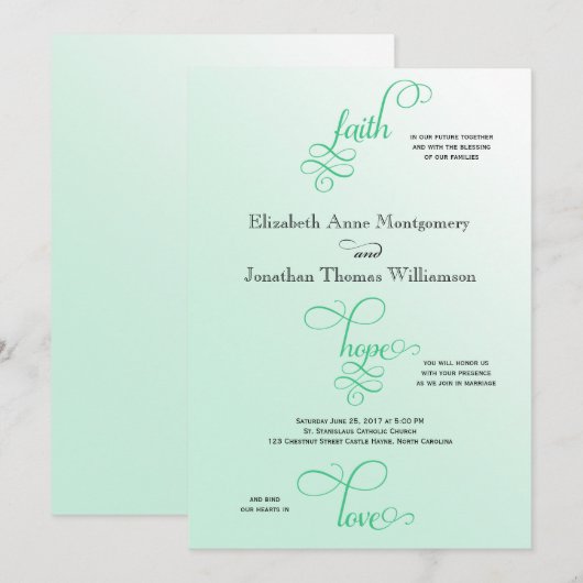 Fresh Mint Script Faith Hope & Love Wedding Kaart (Voorkant / Achterkant)