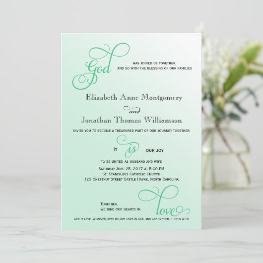 Fresh Mint Script God is Love Christelijk Wedding Kaart (Staand voorkant)