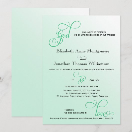 Fresh Mint Script God is Love Christelijk Wedding Kaart (Voorkant / Achterkant)