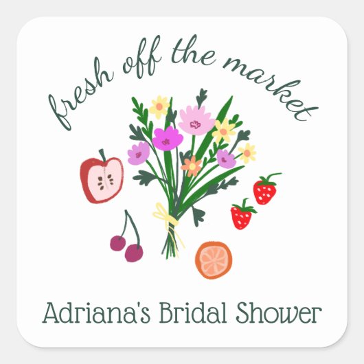 FRESH OFF THE MARKET Cute Custom Bridal Shower Vierkante Sticker (Voorkant)