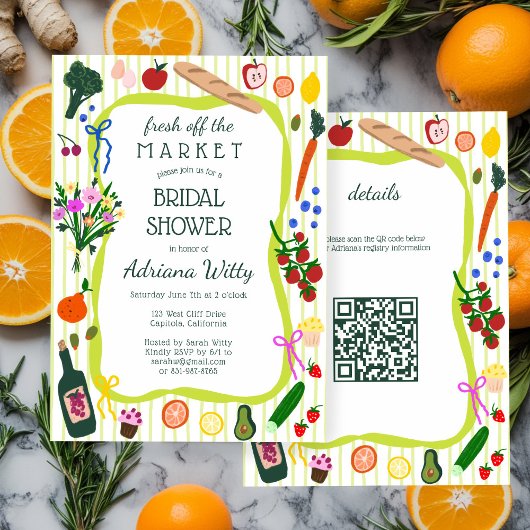 FRESH OFF THE MARKET Cute Custom QR Bridal Shower Kaart