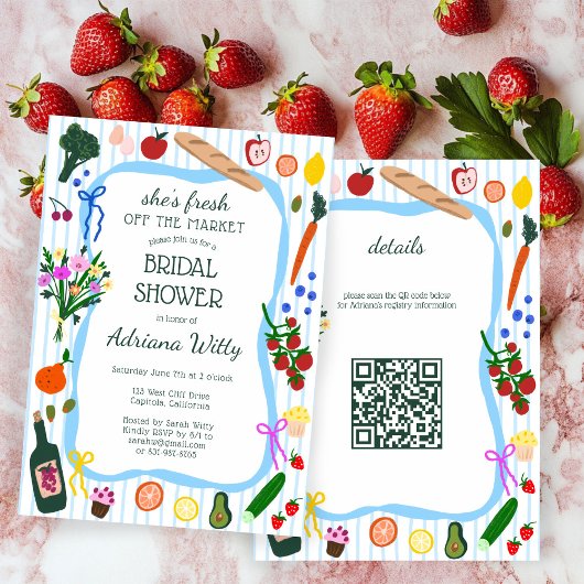 FRESH OFF THE MARKET Cute Custom QR Bridal Shower Kaart