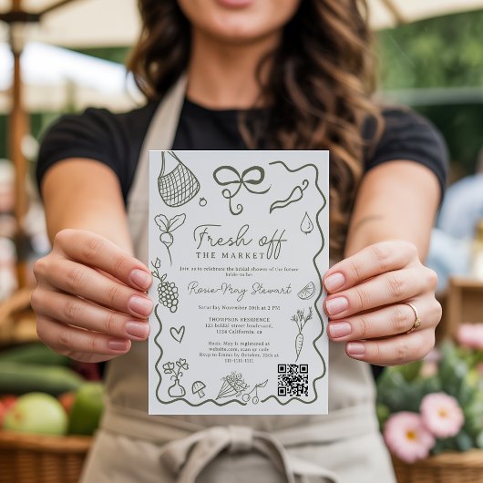 Fresh Off the Market HandDrawn Whimsical QR Bridal Kaart