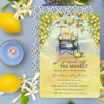 Fresh Off The Market Lemon Stand Vrijgezellenfeest Kaart<br><div class="desc">Mooie citroenen zwart ijzeren boerderijen standaard kar Mediterrane-stijl "Fresh Off The Market" Vrijgezellenfeest ontwerp. Rustieke ouderwetse achtergrond in combinatie met de citroenboughs en citroenen en met groen beladen standaard doen denken aan een openlucht Italiaanse mediterrane of landelijke markt. De achterkant heeft een prachtig blauw,  wit en geel mediterraan patroon.</div>