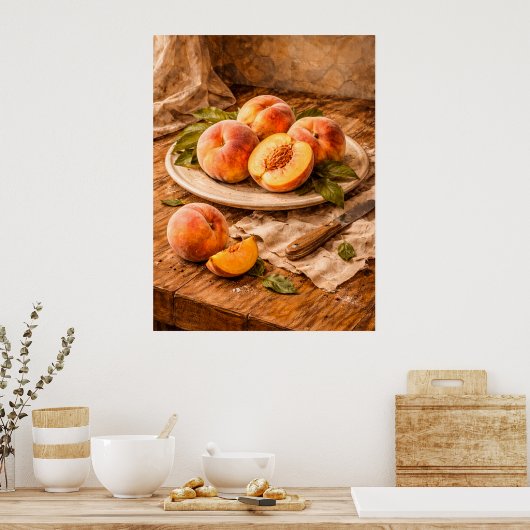 Fresh Peaches on Wood a Rustic Still Life Poster (Keuken)
