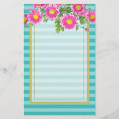 Fresh Pink Daisy Flowers on Turquoise Stripes Briefpapier (Voorkant)
