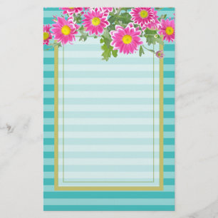 Fresh Pink Daisy Flowers on Turquoise Stripes Briefpapier