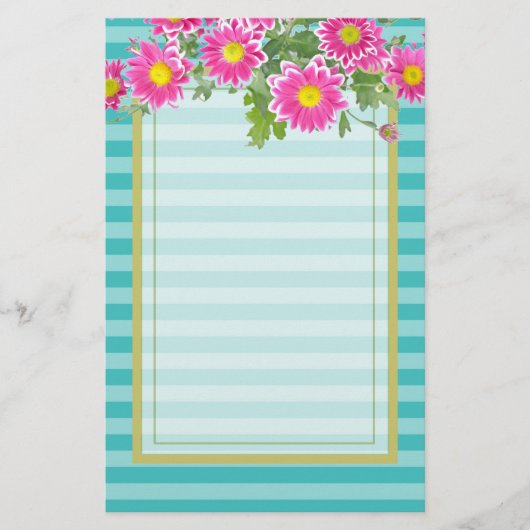 Fresh Pink Daisy Flowers on Turquoise Stripes Briefpapier (Voorkant)