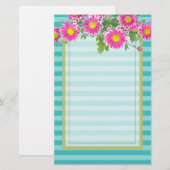 Fresh Pink Daisy Flowers on Turquoise Stripes Briefpapier (Voorkant / Achterkant)