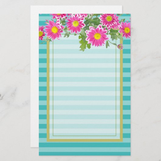 Fresh Pink Daisy Flowers on Turquoise Stripes Briefpapier (Voorkant / Achterkant)