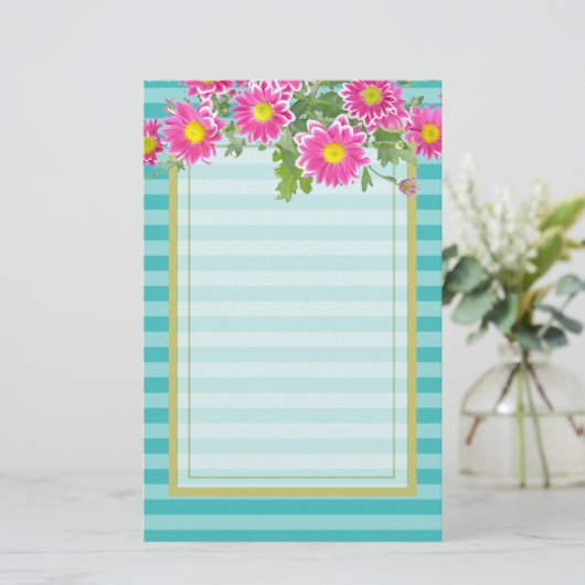Fresh Pink Daisy Flowers on Turquoise Stripes Briefpapier (Staand voorkant)