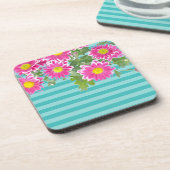 Fresh Pink Daisy Flowers on Turquoise Stripes Drankjes Onderzetter (Linkerzijde)