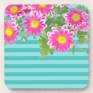 Fresh Pink Daisy Flowers on Turquoise Stripes Drankjes Onderzetter