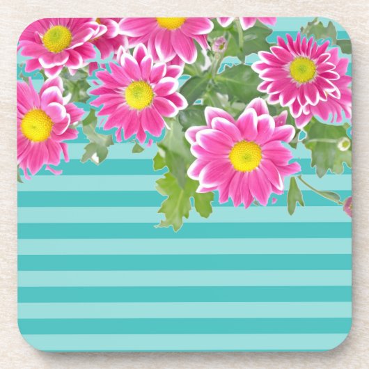 Fresh Pink Daisy Flowers on Turquoise Stripes Drankjes Onderzetter (Voorkant)
