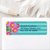 Fresh Pink Daisy Flowers on Turquoise Stripes Etiket (Insitu)