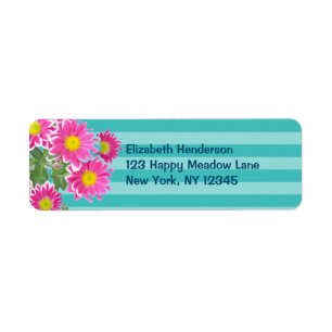 Fresh Pink Daisy Flowers on Turquoise Stripes Etiket