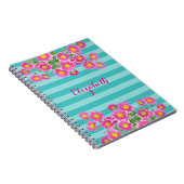 Fresh Pink Daisy Flowers on Turquoise Stripes Notitieboek (Rechterzijde)