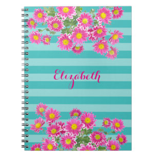 Fresh Pink Daisy Flowers on Turquoise Stripes Notitieboek