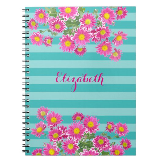 Fresh Pink Daisy Flowers on Turquoise Stripes Notitieboek (Voorkant)