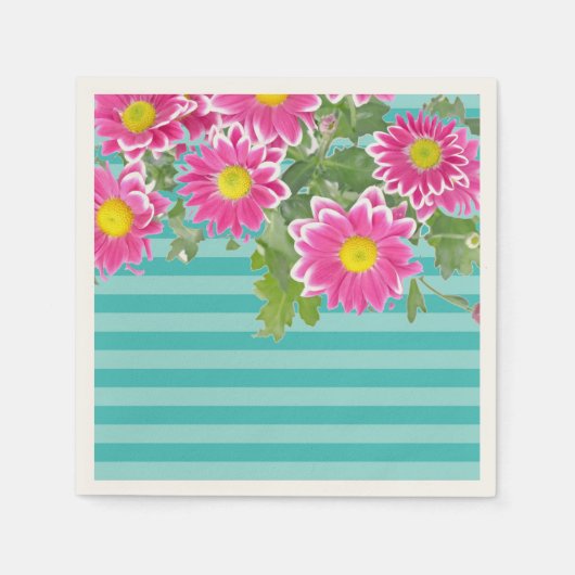 Fresh Pink Daisy Flowers on Turquoise Stripes Servetten (Voorkant)