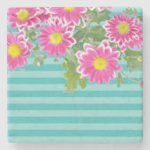 Fresh Pink Daisy Flowers on Turquoise Stripes Stenen Onderzetter (Voorkant)