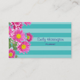 Fresh Pink Daisy Flowers on Turquoise Stripes Visitekaartje