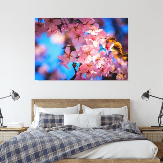 Fresh Pink Sakura Garland, Blue Sky Canvas Afdruk (Insitu (Slaapkamer))