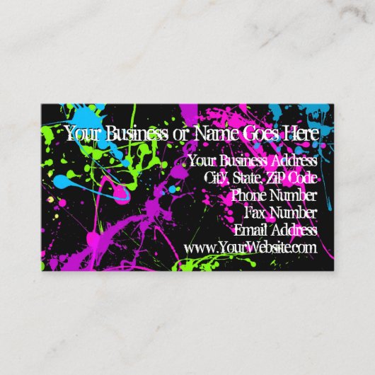 Fresh Retro Neon Paint Splatter op Black 80s Party Visitekaartje (Voorkant)