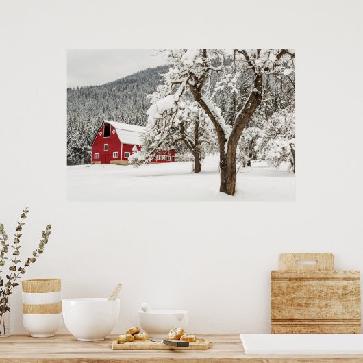 Fresh snow on red barn poster (Keuken)
