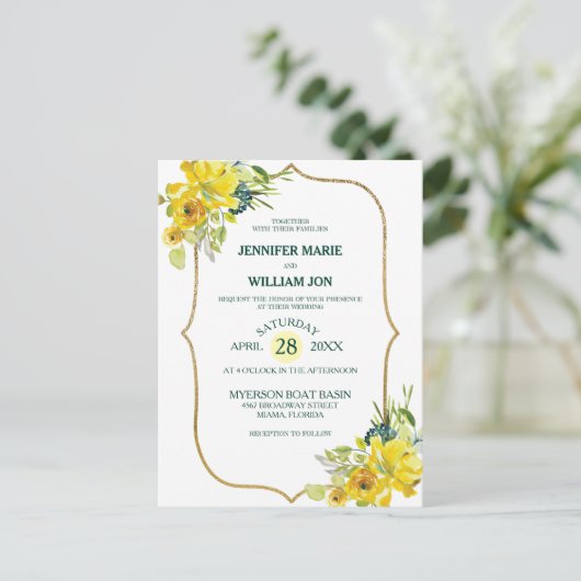 Fresh Spring Yellow Floral Golden Bouquet Wedding Briefkaart (Staand voorkant)