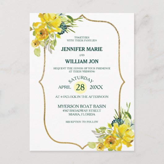 Fresh Spring Yellow Floral Golden Bouquet Wedding Briefkaart (Voorkant)
