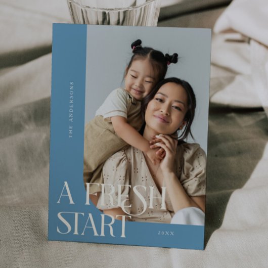 Fresh Start New Year Denim Blue Curved Frame Photo Feestdagenkaart