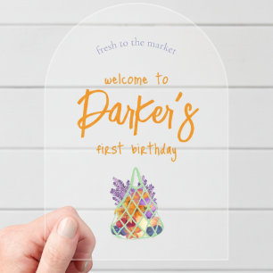 Fresh to the Market Eerste Verjaardag Thema – Bloe Acryl Uitnodigingen