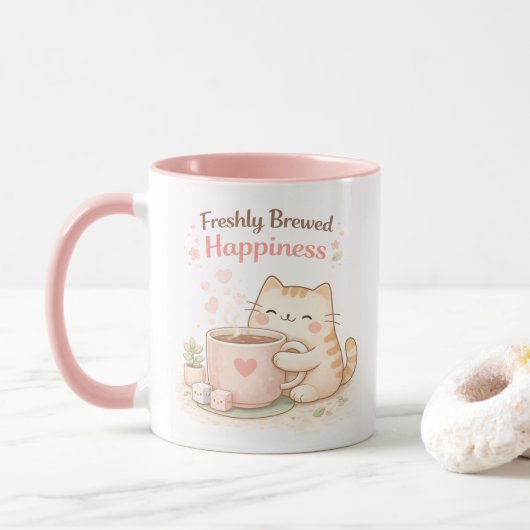 Freshly Brewed Kawaii Cute Kitty Cat Coffee Pink Mok (Met donut)