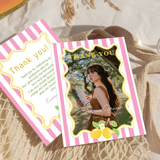 Freshly Graduated Lemon Pink Stripes Graduation Bedankkaart