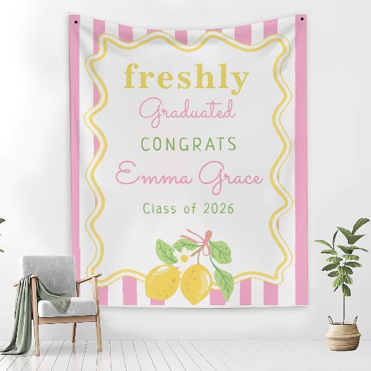 Freshly Graduated Lemon Pink Stripes Graduation Wandkleed