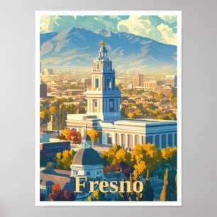 Fresno California Art Vintage Travel Illustratie Poster