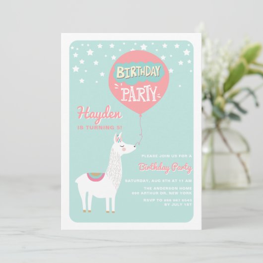 Frestive Alpaca Kids Birthday Party Invitation I Kaart (Staand voorkant)