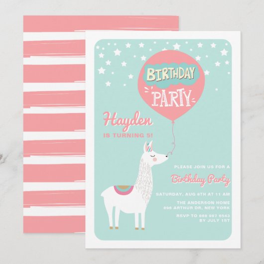 Frestive Alpaca Kids Birthday Party Invitation I Kaart (Voorkant / Achterkant)