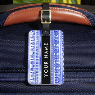 Fret, Gemengde Meander Key, Blauw, Jouw naam Bagagelabel