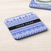 Fret, Gemengde Meander Key, Blauw, Jouw naam Bier Onderzetter (Linkerzijde)