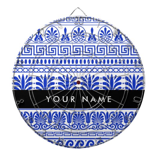 Fret, Gemengde Meander Key, Blauw, Jouw naam Dartbord (Voorkant)