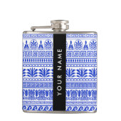 Fret, Gemengde Meander Key, Blauw, Jouw naam Heupfles (Voorkant)