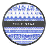 Fret, Gemengde Meander Key, Blauw, Jouw naam Hockey Puck (Voorkant)