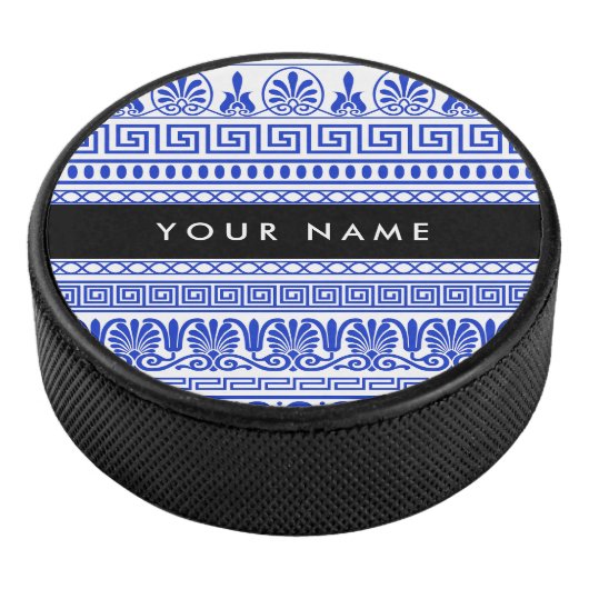 Fret, Gemengde Meander Key, Blauw, Jouw naam Hockey Puck (3/4)