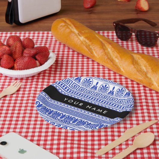 Fret, Gemengde Meander Key, Blauw, Jouw naam Papieren Bordje (Picknick)