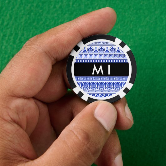 Fret, Gemengde Meander Key, Blauw, Jouw naam Poker Chips (Hand)